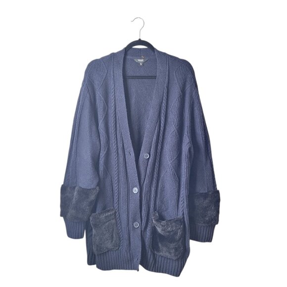 Simply Vera Wang Dark Blue Fur Trim Oversized Knit Cardigan - Picture 2 of 8